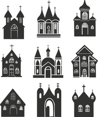 Fototapeta premium Collection of various traditional church building silhouettes