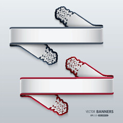 Set of 3d diagonal ribbon banners with persian floral elements, eps10 vector, easy to change color