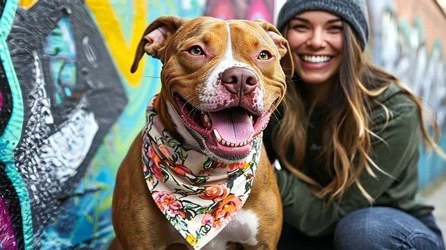 A smiling rescue pit bull with owner in an urban setting
