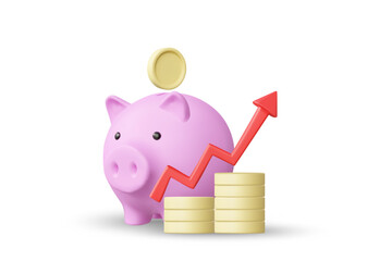 3D illustration vector render icon of piggy bank, coins, and up arrow. Concept of saving money and financial growth. Accumulating assets. Achievement of goals. Isolated on white background.