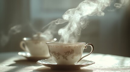 A steaming kettle, a fragrant elixir of black tea, is poured into delicate porcelain cups, releasing a fragrant mist that swirls like a cloud of smoke.