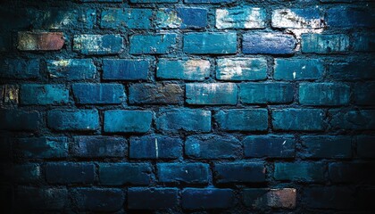 Fototapeta premium Illuminated Brick Wall, Grunge Urban Background with Deep Blue Dramatic Light, Night Texture