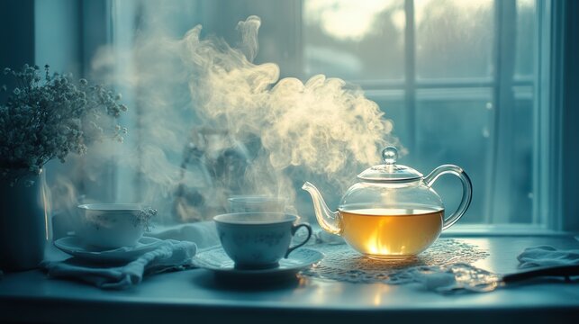 A steaming kettle, a fragrant elixir of black tea, is poured into delicate porcelain cups, releasing a fragrant mist that swirls like a cloud of smoke.