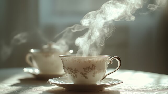 A steaming kettle, a fragrant elixir of black tea, is poured into delicate porcelain cups, releasing a fragrant mist that swirls like a cloud of smoke.