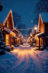 festive decorated snowy village street at night, festive lights,