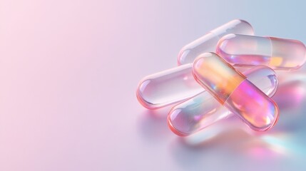 A collection of shiny, pastel-colored capsules elegantly arranged on a soft background, reflecting light to create a mesmerizing and calming visual experience.