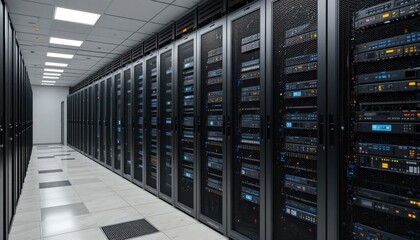Server racks arranged in rows in the server room