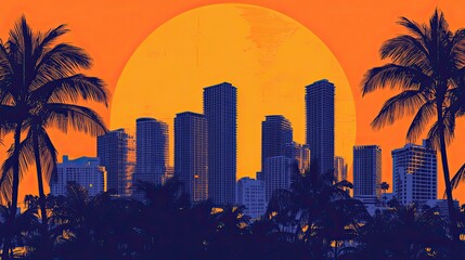 an orange and blue background in Miami City skyline. Generate AI