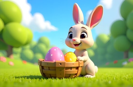 An Easter bunny cute rabbit with a basket of coloreful Easter eggs, on green lawn background.  Happy Easter simbol