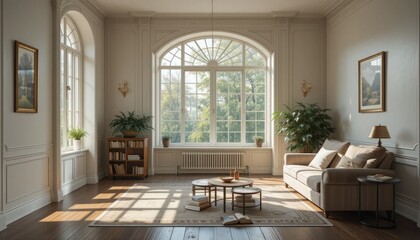 Fototapeta premium An empty room with a window, books, and a sunlit, cozy, and elegant home library. Zoom Virtual Backgrounds, Comfortable Interior Backgrounds, and Virtual Meeting Backgrounds for Living Rooms