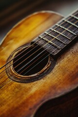 Fototapeta premium A close-up shot of a guitar sitting on a table, ready for playing