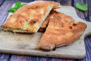 Tasty hot italian focaccia  pizza   with porcini mushroom,and cheese. Pizzeria menu. Concept poster for Restaurants or pizzerias. Top view