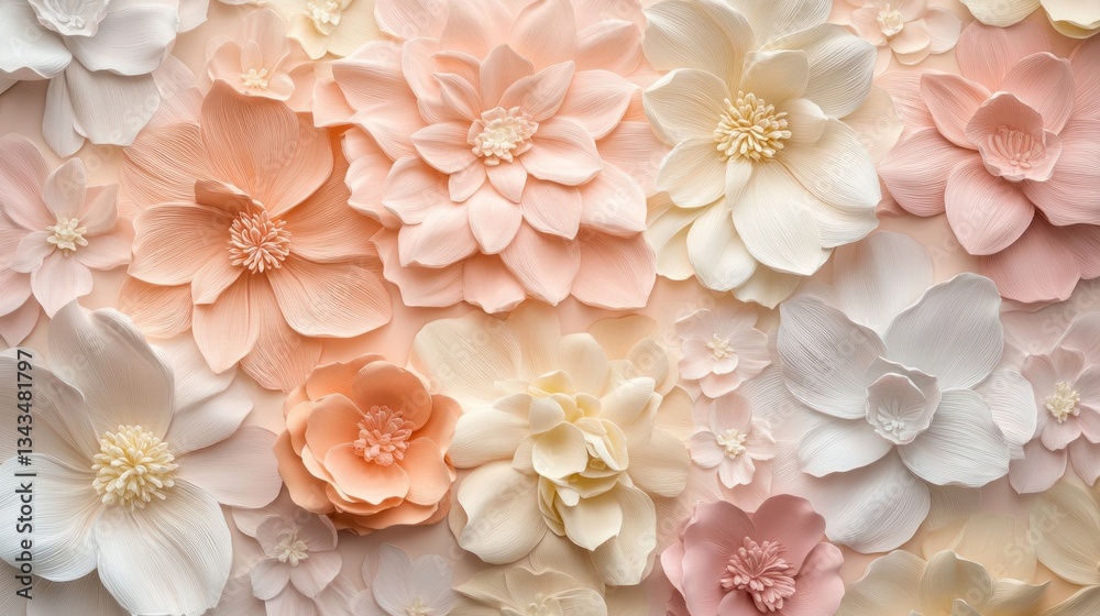 Poster a vibrant array of soft-hued flowers adorns a wall, blending shades of peach, pink, and cream. each 