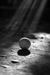 A single white ball sits atop a dirt ground, isolated and simple