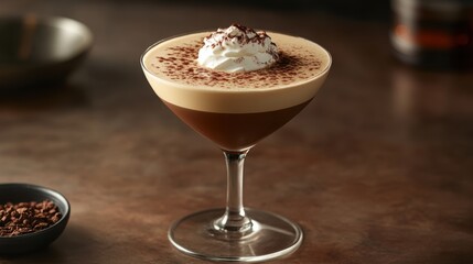 A rich and aromatic elixir, crafted with Irish whiskey and coffee, topped with a dollop of whipped cream and a sprinkle of cocoa, promising a comforting and decadent experience.
