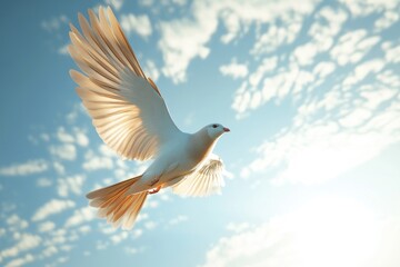 Fototapeta premium A white bird soaring through a clear blue sky with clouds
