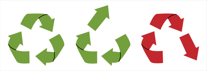 Set of vector recycling, upcycling and downcycling signs, isolated icons on white background. Green and red reuse symbols for ecological design, marking, product labeling. Zero waste lifestyle