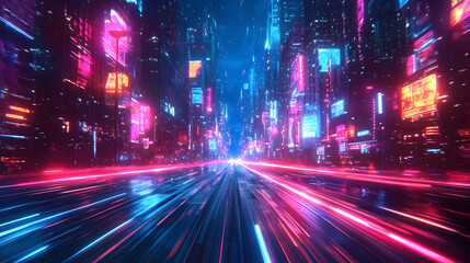 Futuristic city street, neon lights, fast motion, background cityscape, tech banner