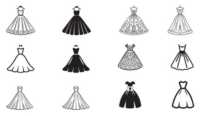 Collection of black and white vector dress icons featuring different frock designs, ideal for fashion and clothing illustrations.