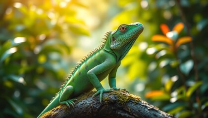 Fototapeta premium A vibrant green lizard perched on a mossy branch, basking in the warm sunlight filtering through lush foliage, displaying intricate scales and a striking pose.
