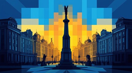 Obraz premium Stylized cityscape with a central monument in blue and yellow geometric design. Concept of urban identity. Ukraine national colors
