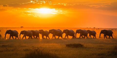 Fototapeta premium Elephants crossing savanna at sunset in Amboseli National Park