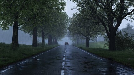 Obraz premium Rainy road scene with car driving through tree-lined path.