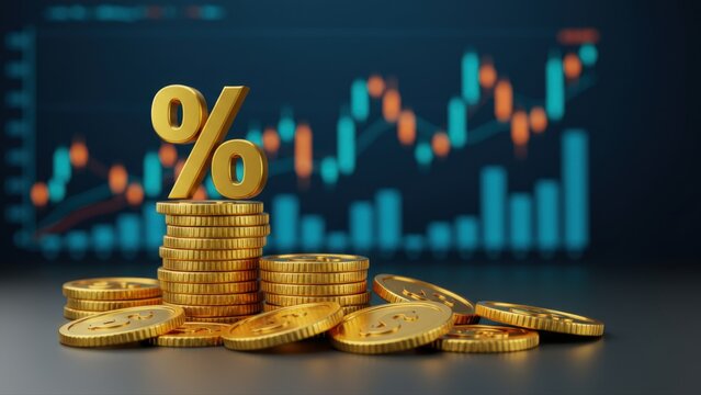 Percentage sign on top of coin stacks before blue financial graph. Horizontal composition with copy space. Business and finance concept