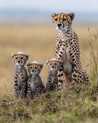 Fototapeta premium Cheetah mother and cubs in Kenyas Mara Triangle