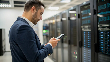 Businessman working in a modern server room, analyzing data on a tablet