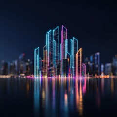 Fototapeta premium A futuristic skyscraper shaped like a bar graph, glowing in the night.