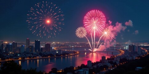 Midnight New Year Eve fireworks display over a cityscape, Sparklers, Holiday Cheer