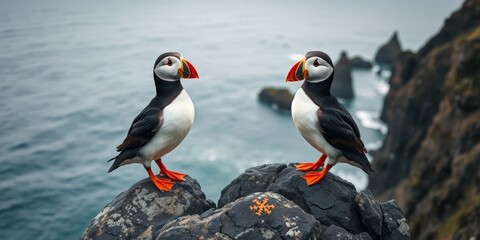 Fototapeta premium Two puffins perched on coastal rocks, facing each other against a dramatic ocean backdrop