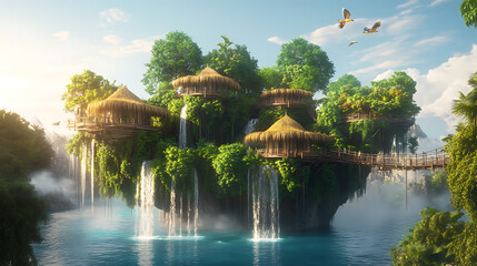 Floating tropical island paradise above the ocean.