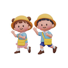 함께 손을 흔들며 걸어가는 3D 어린이 캐릭터