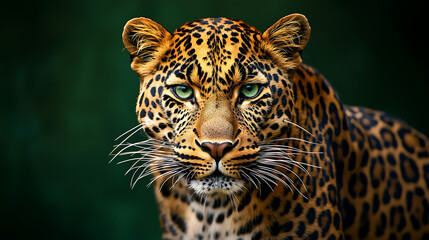 Obraz premium Magnificent Leopard Portrait Wild Cat, Rosette Spots, Intense Gaze, Green Eyes, Powerful Predator