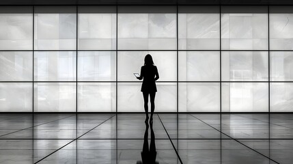 Fototapeta premium A silhouetted businesswoman stands in a modern minimalist office holding a tablet in front of a large illuminated wall of glass panels.