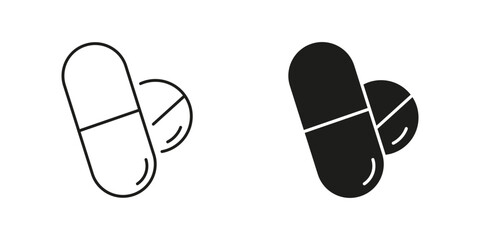 Pill and Capsule Line and Silhouette Icon Set. Medicine and Healthcare Supplement Symbol. Medication for Health and Sleep Aid. Editable Stroke. Isolated Vector Illustration