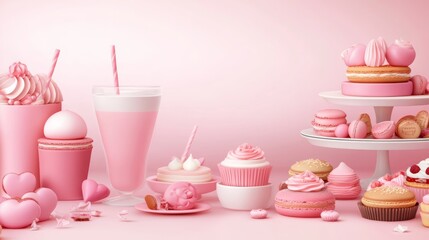 Delightful pink confectionery still life featuring cakes, milkshake and macarons
