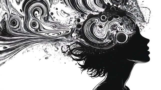 A black and white illustration of a creative person with their brain exploding into a swirl of abstract ideas