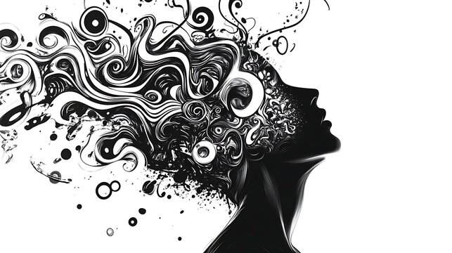 A black and white illustration of a creative person with their brain exploding into a swirl of abstract ideas