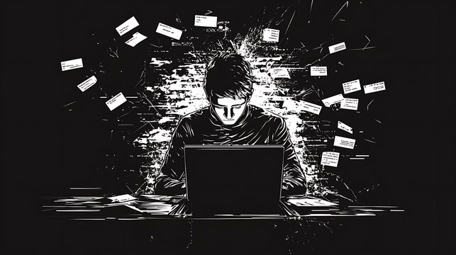 A black and white illustration of a programmer surrounded by error messages and broken code