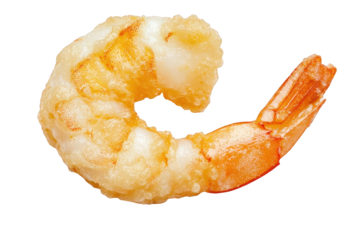A large, cooked shrimp with a golden-brown exterior and a prominent curled shape, Transparent background.