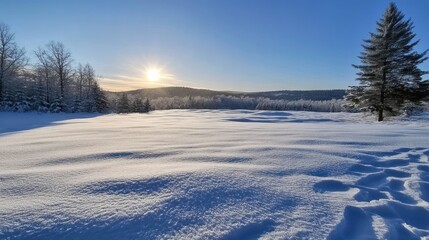 Scenic winter landscape with snow-covered field, trees, and sunset.