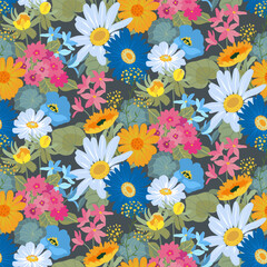 Vector seamless pattern with blooming meadow. Bright endless background with colorful wildflowers forget-me-nots, chamomile, daisies.