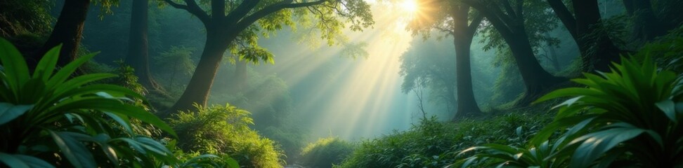Misty morning in the jungle with sunlight filtering through canopy, atmosphere, jungle, greenery