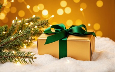 Festive Golden Gift Box with Green Ribbon Under Christmas Tree: A Magical Holiday Present in a Cozy Winter Setting
