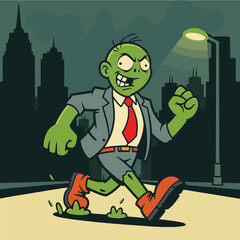 Adobe Illustrator Artwork Cartoon-like zombie character wearing a torn business suit with a red tie. 