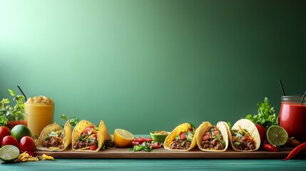 Inviting taco arrangement with vibrant accompaniments against a cool green backdrop