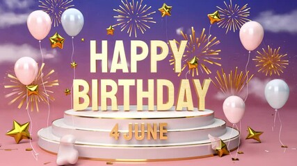 Festive birthday card with balloons and fireworks for 4th June celebration
Concept of birthday, balloons, fireworks